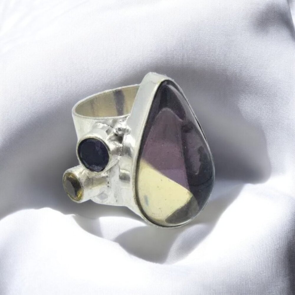 Vintage Sterling Silver Ring Amythyst-Citrine Galss Teardrop Rounds Wide Band